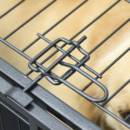 Close-up of latch on heavy duty dog crate with wheels showing secure metal locking mechanism