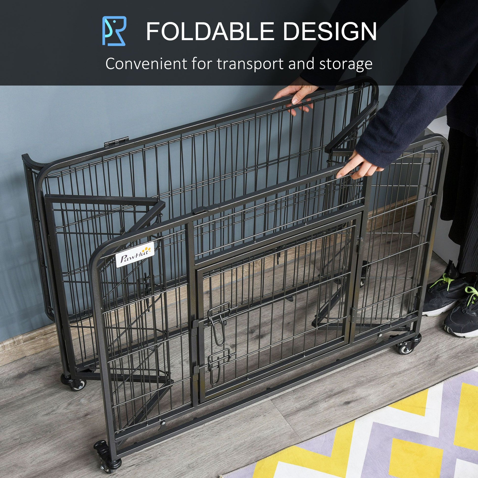 Foldable heavy duty dog crate with wheels for easy transport and storage shown partially folded