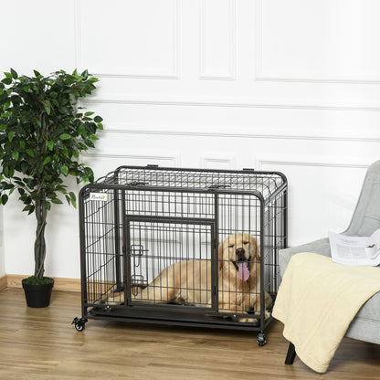 Heavy duty dog crate with wheels made of black metal holding a golden retriever inside