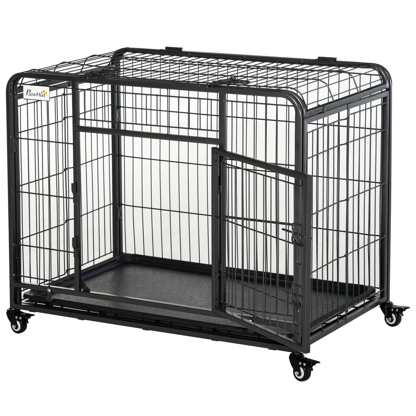 Heavy duty dog crate with wheels in black metal wire construction with open side door and removable tray