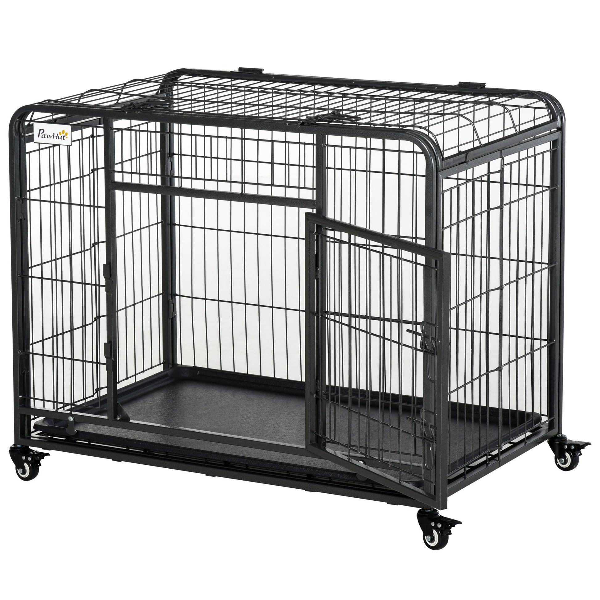Heavy duty dog crate with wheels in black metal wire construction with open side door and removable tray