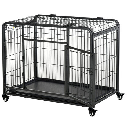 Heavy duty dog crate with wheels in black metal wire construction with open side door and removable tray