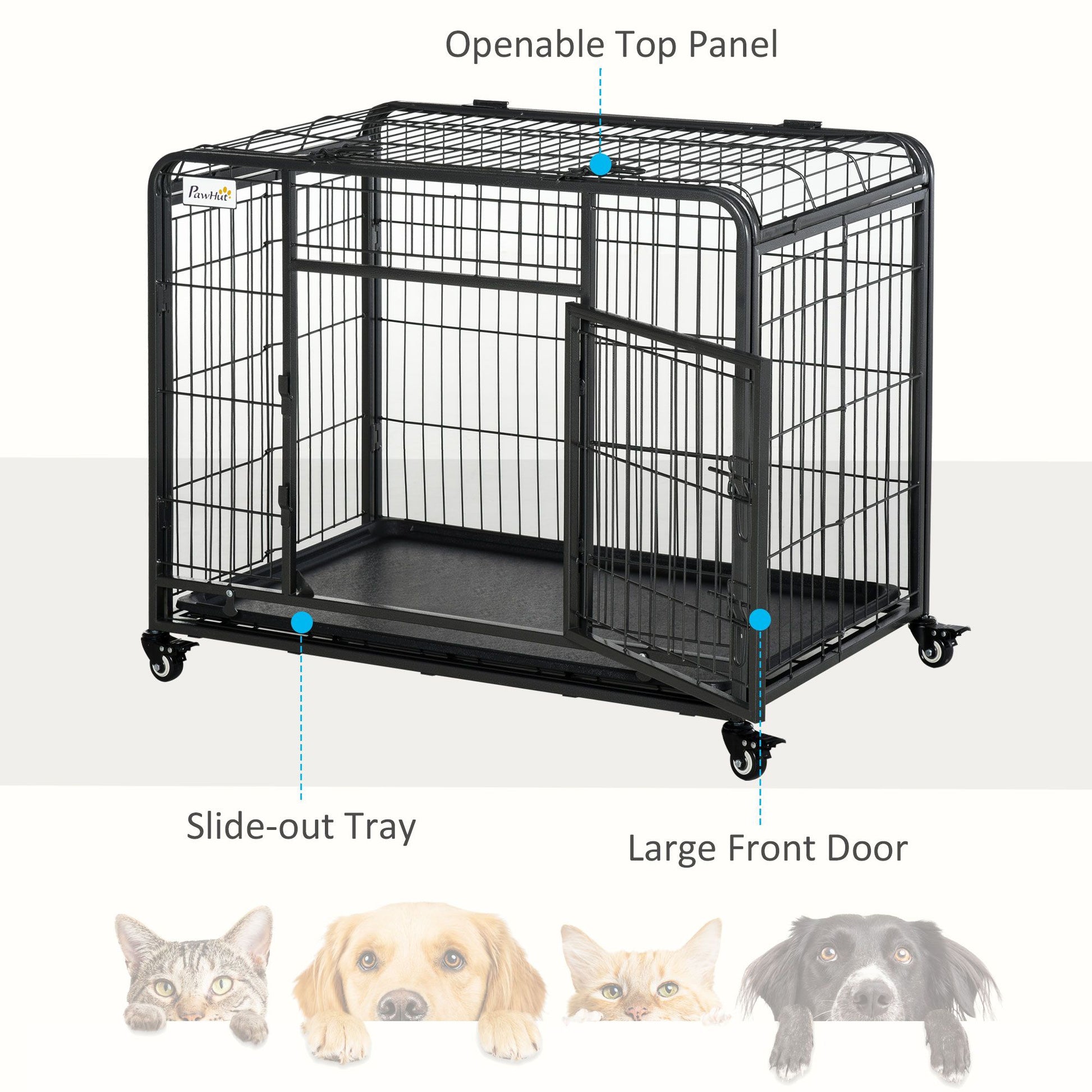 Heavy duty dog crate with wheels featuring openable top panel large front door and slide-out tray