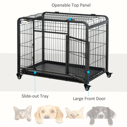 Heavy duty dog crate with wheels featuring openable top panel large front door and slide-out tray