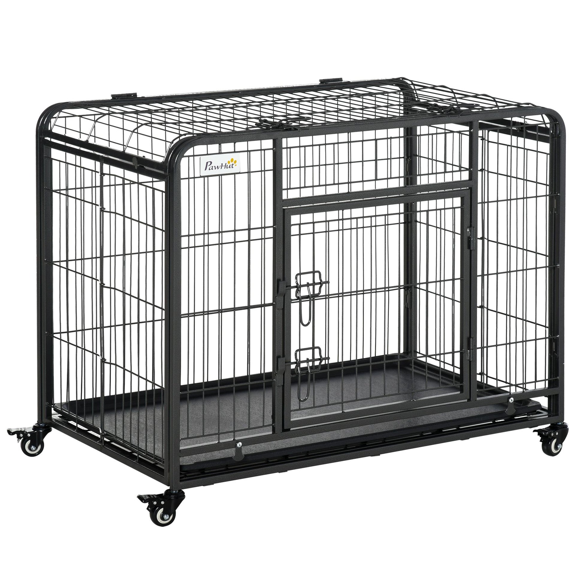 Heavy duty dog crate with wheels in black metal frame by PawCounter.com for secure pet containment