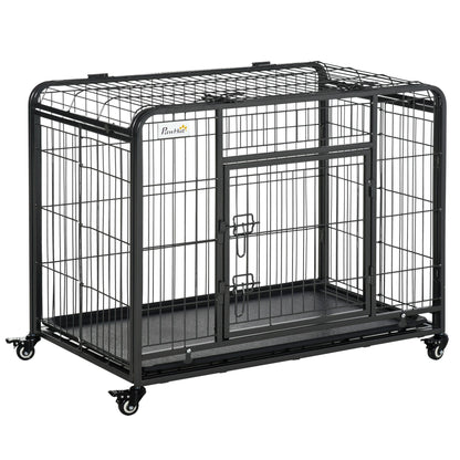 Heavy duty dog crate with wheels in black metal frame by PawCounter.com for secure pet containment