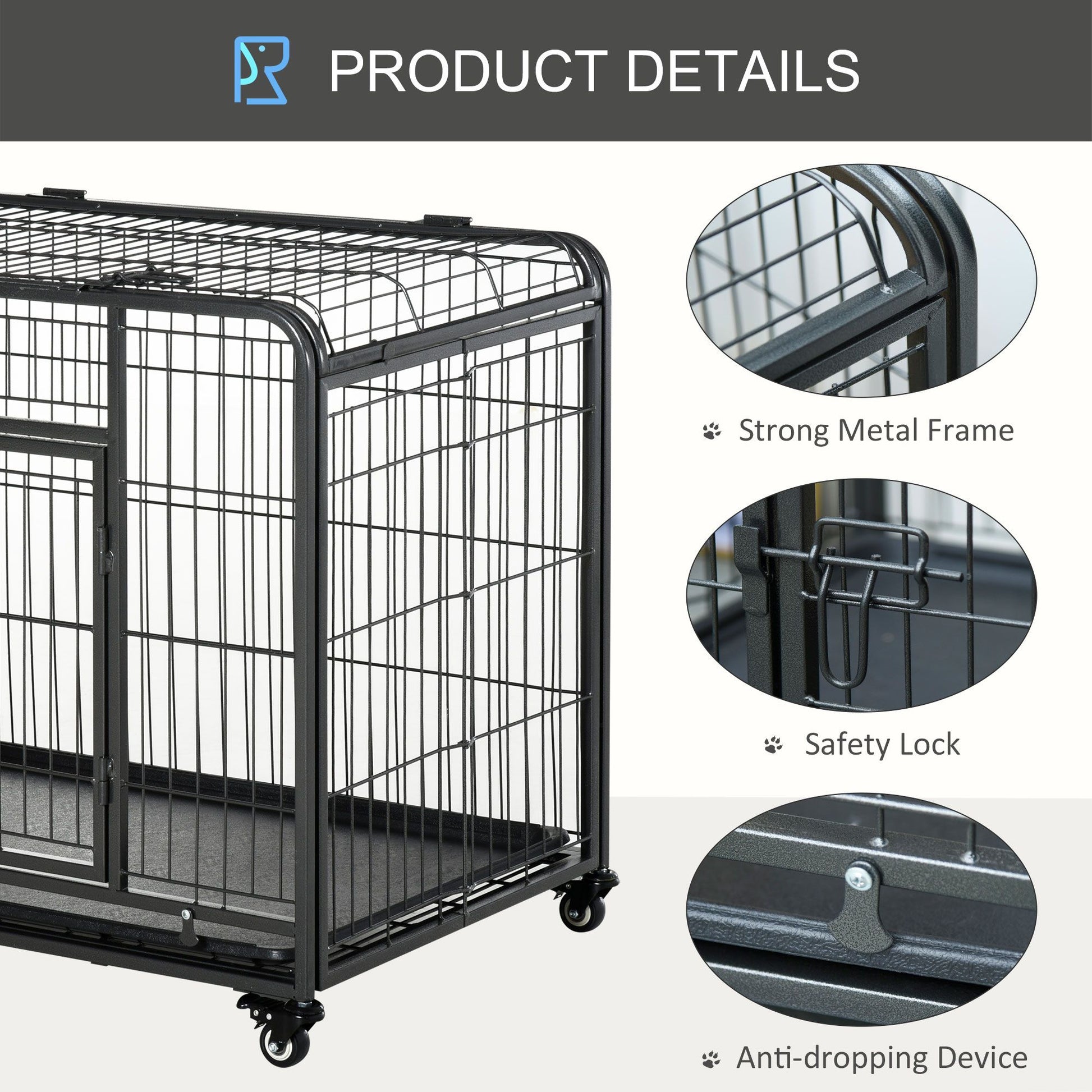 Heavy duty dog crate with wheels featuring strong metal frame safety lock and anti-dropping device
