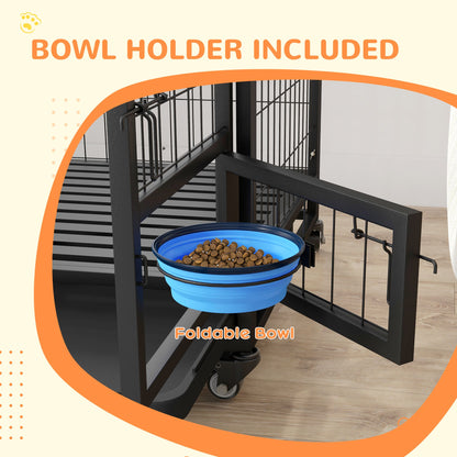 Heavy duty metal dog kennel with foldable bowl holder and blue bowl filled with dog food