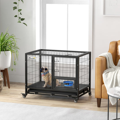 Heavy duty metal dog kennel with wheels housing a small dog and food bowl in a bright living room