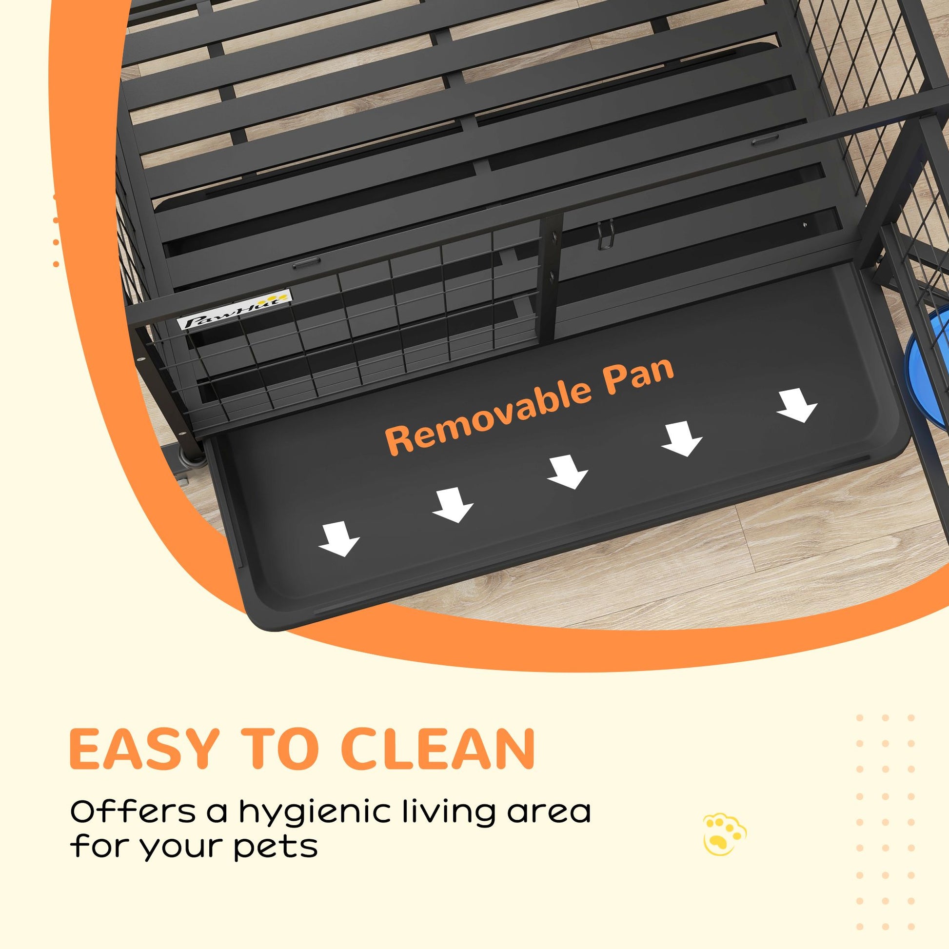 Heavy duty metal dog kennel with a removable pan for easy cleaning and hygienic pet living area