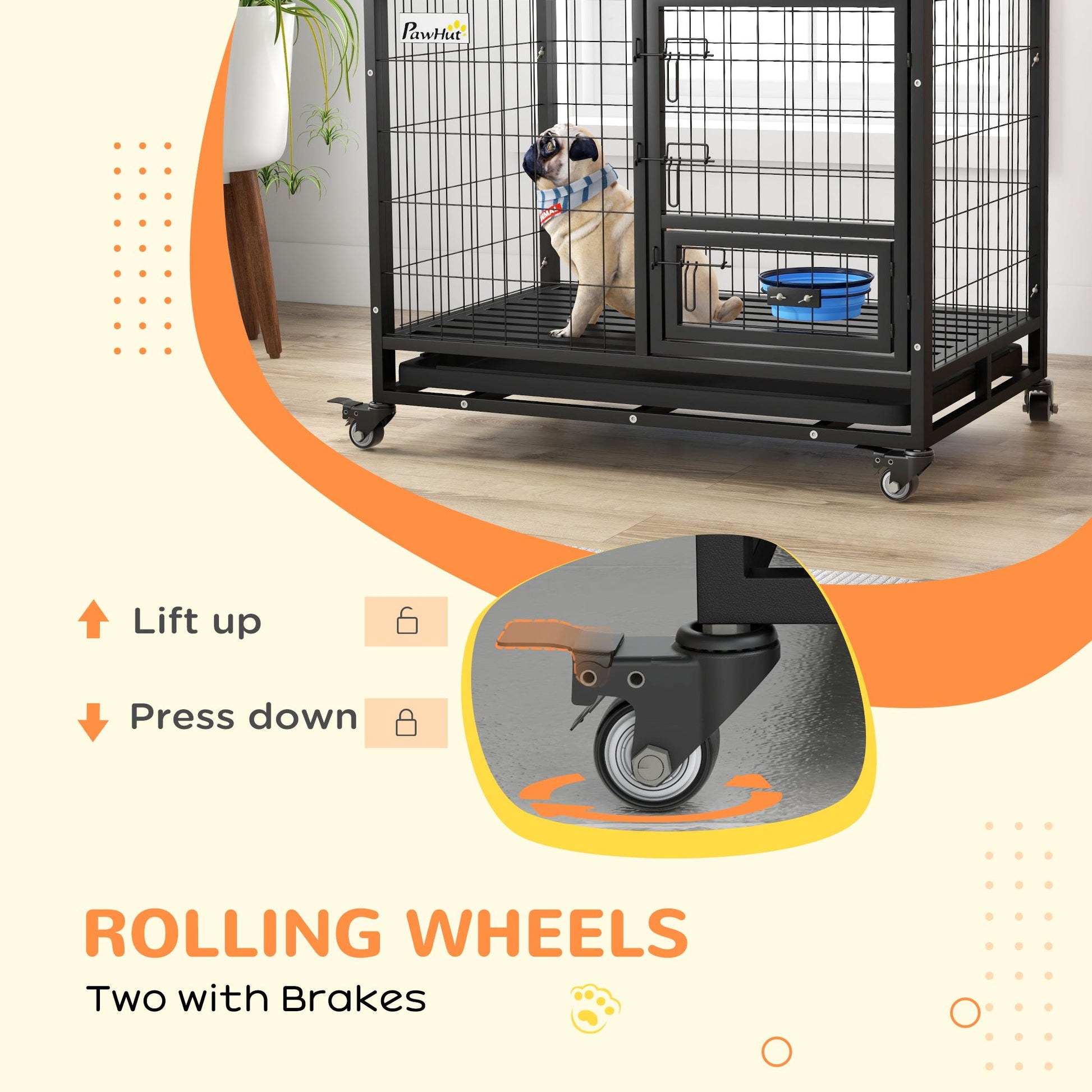 Heavy duty metal dog kennel on rolling wheels with brakes featuring a small dog inside