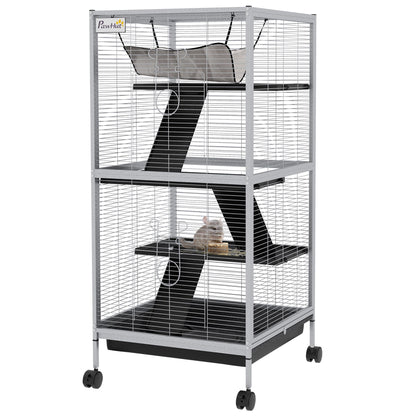 Large ferret cage with wheels featuring multiple levels and resting hammock by PawCounter.com