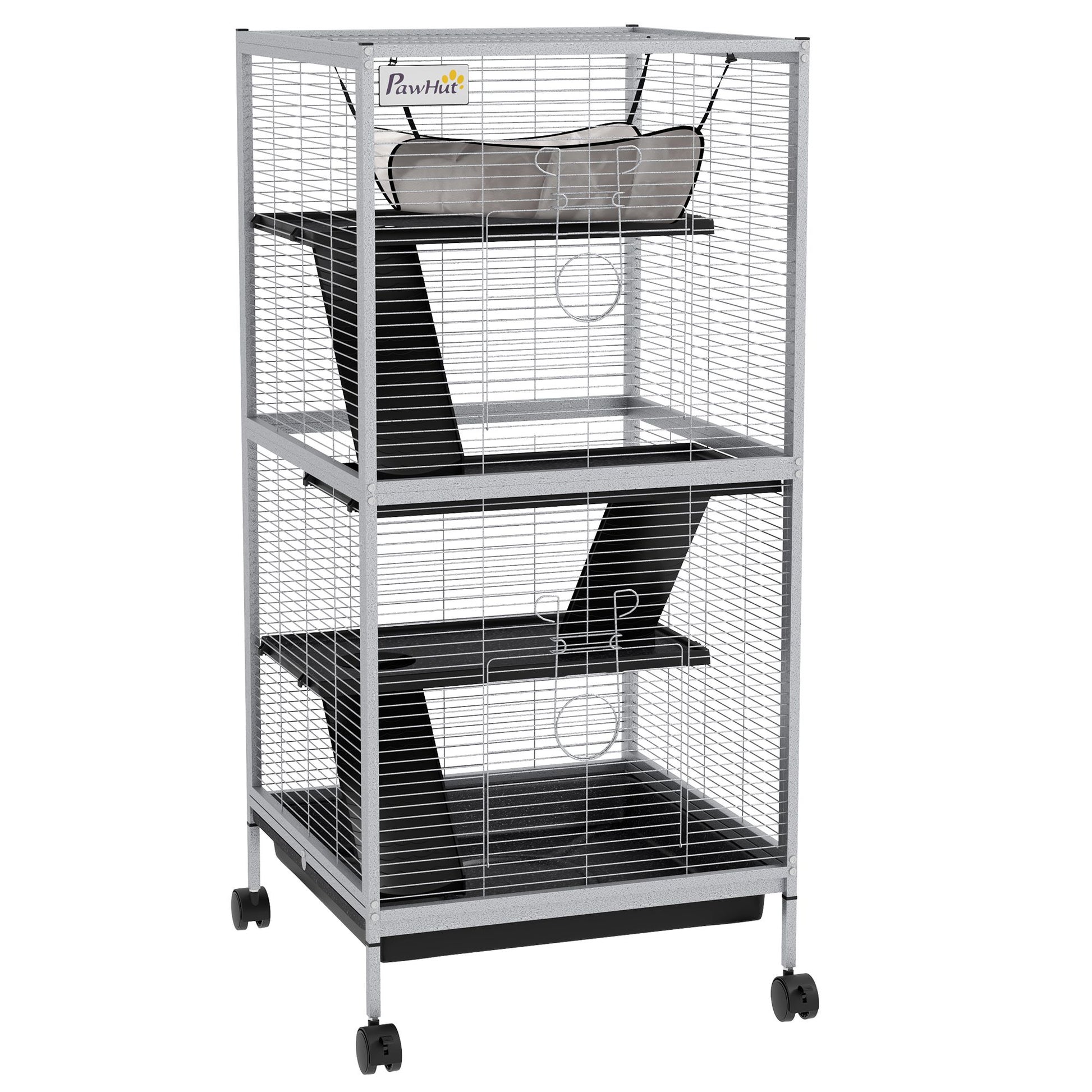 Large ferret cage with wheels featuring multiple levels and ramps for small pets