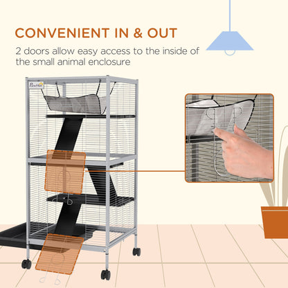 Large ferret cage with wheels featuring two doors for easy access to the inside of the small animal enclosure