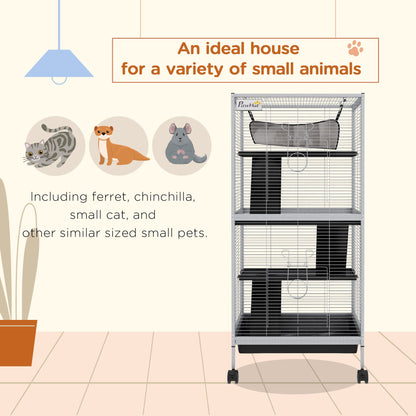 Large ferret cage with wheels from PawCounter.com featuring multiple levels and accessories for small pets