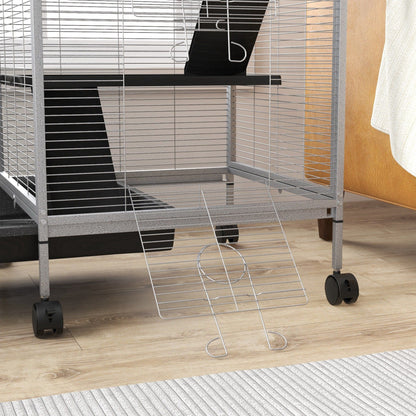Large ferret cage with wheels showing metal wire frame and ramp on wooden floor