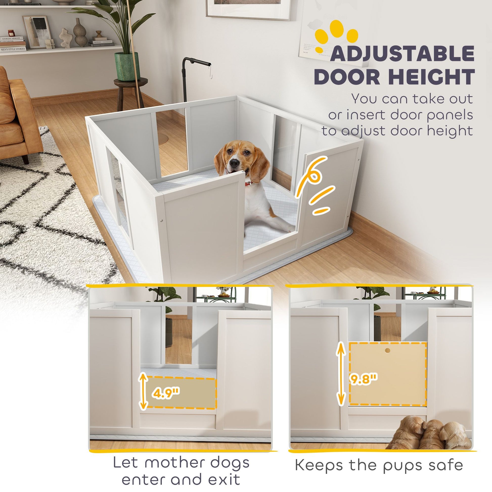 Adjustable whelping box for dogs with removable door panels for easy mother dog access and pup safety