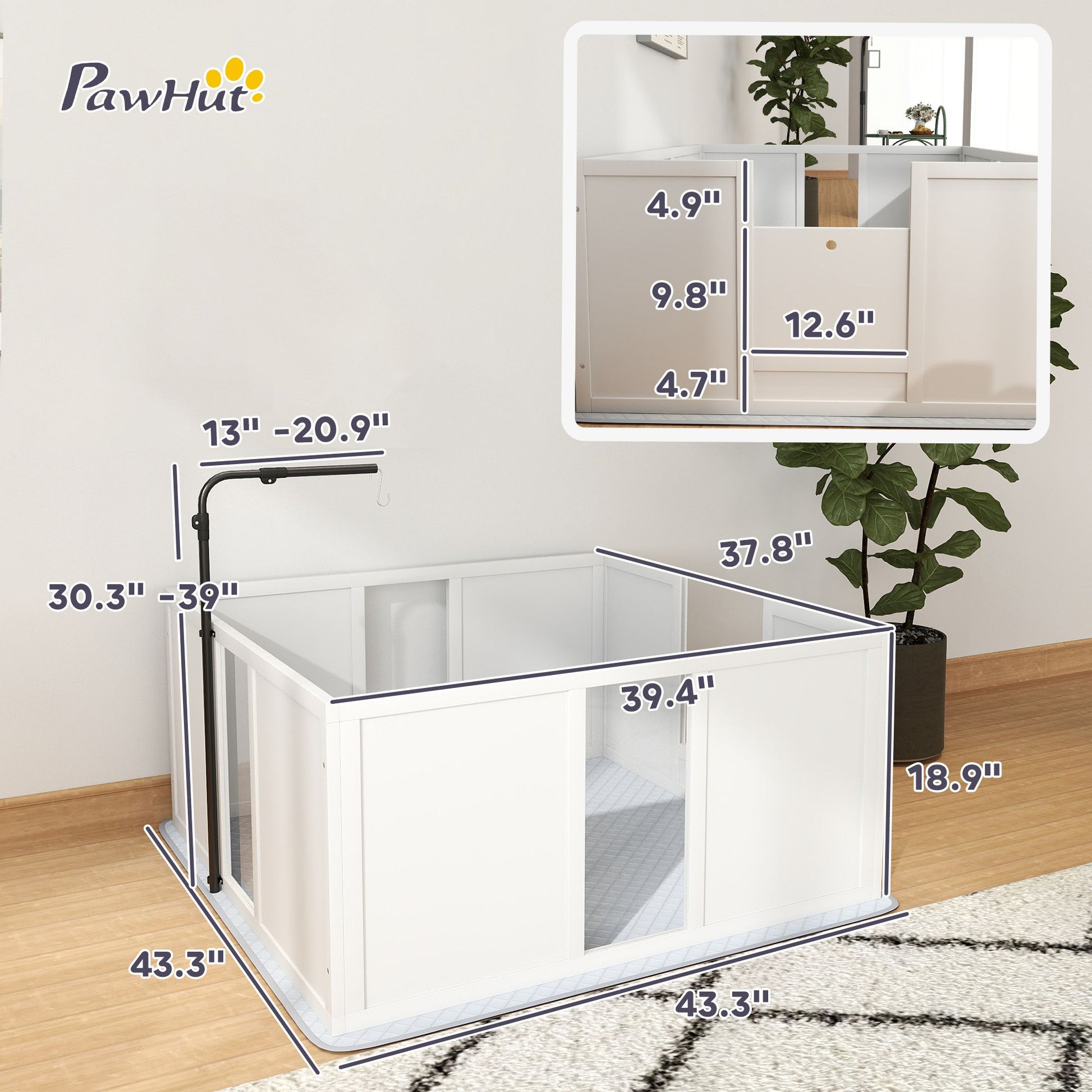 White whelping box for dogs with detailed dimensions and sturdy design, placed on wooden floor near plant
