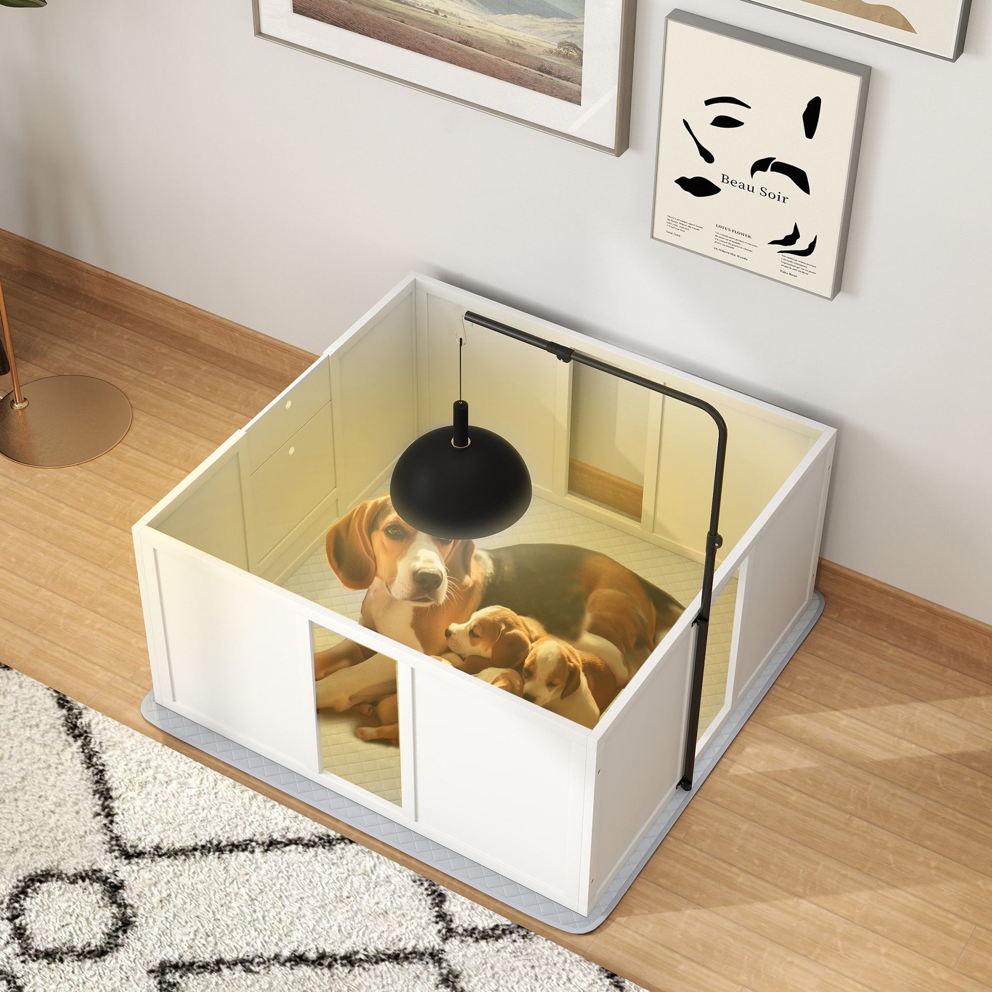 Whelping box for dogs with white panels providing a safe space for mother dog and puppies indoors