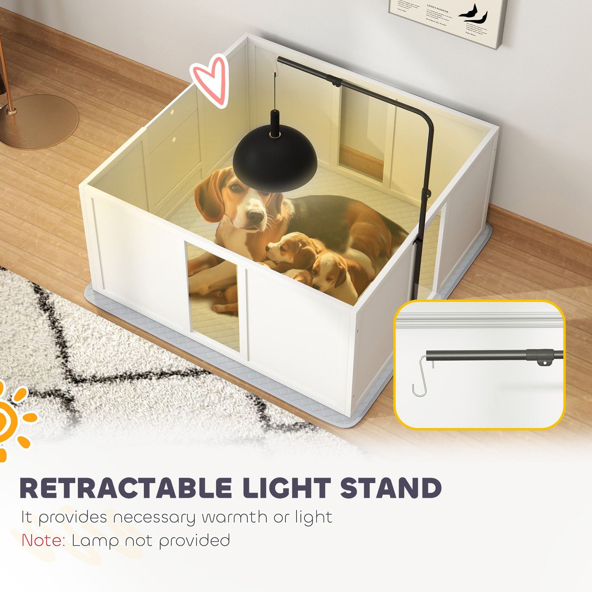 White whelping box for dogs with retractable light stand providing warmth and comfort for puppies