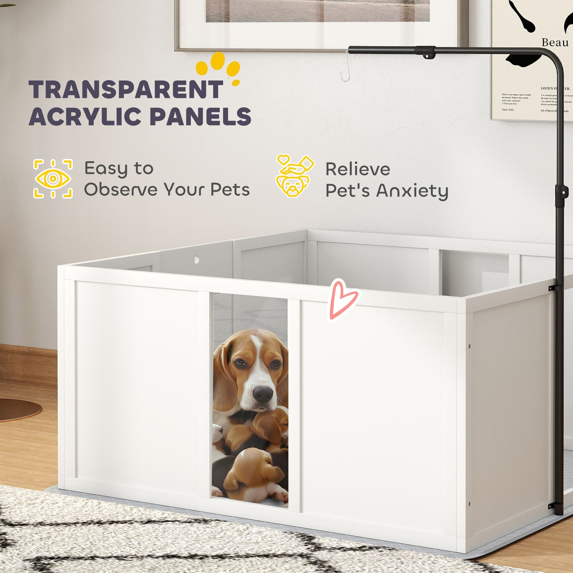 White whelping box for dogs with transparent acrylic panels showing a mother dog and puppies inside