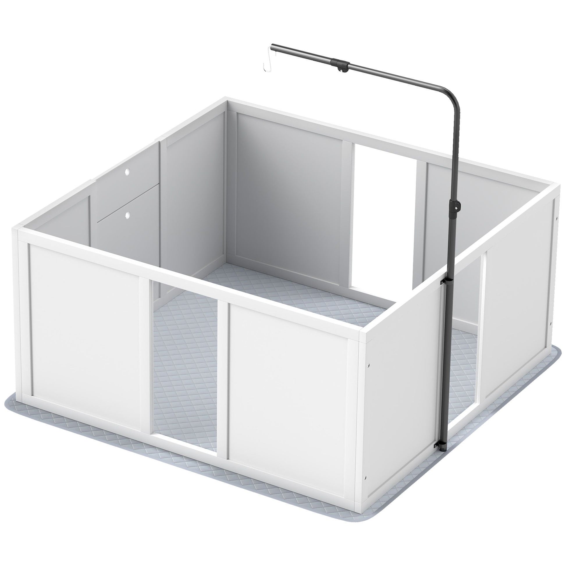 White whelping box for dogs with high walls and a detachable overhead light for monitoring