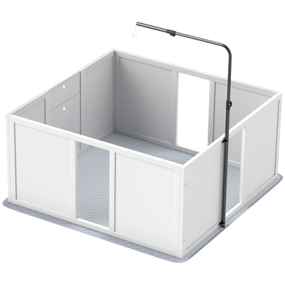 White whelping box for dogs with high walls and a detachable overhead light for monitoring