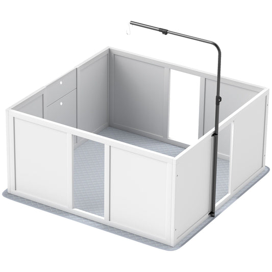 White whelping box for dogs with high walls and a detachable overhead light for monitoring