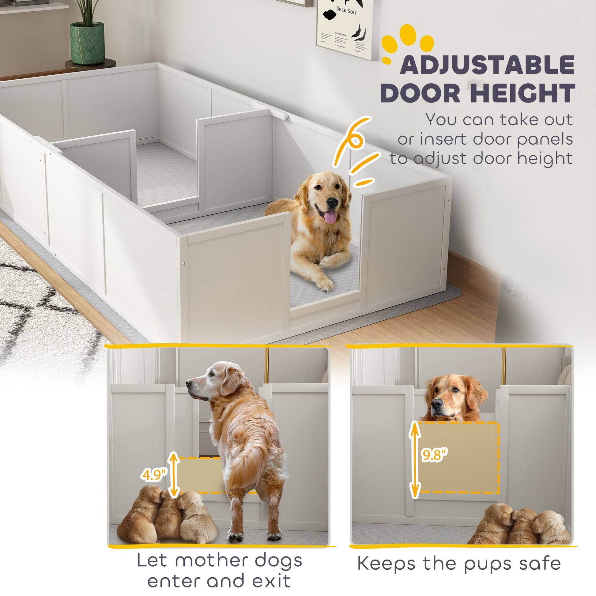 White whelping box for puppies with adjustable door height allowing mother dogs to enter and keeping pups safe inside
