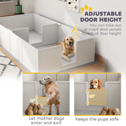 White whelping box for puppies with adjustable door height allowing mother dogs to enter and keeping pups safe inside