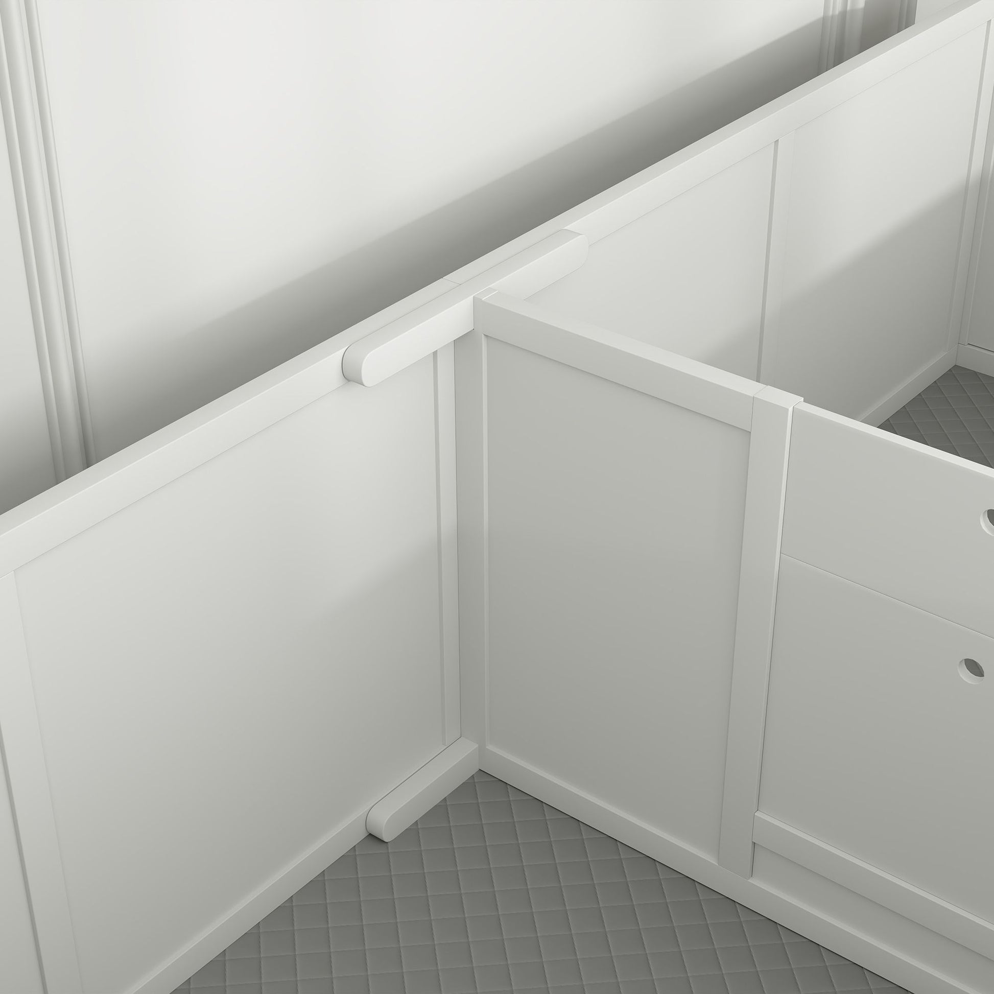 White corner whelping box for puppies with padded floor and secure panels for safe puppy care