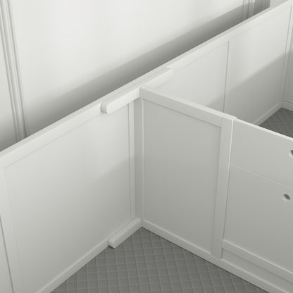White corner whelping box for puppies with padded floor and secure panels for safe puppy care