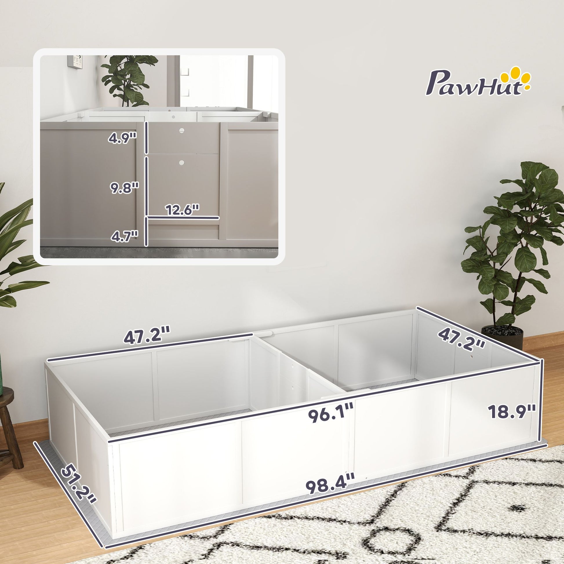 White whelping box for puppies with detailed measurements displayed in a modern home setting