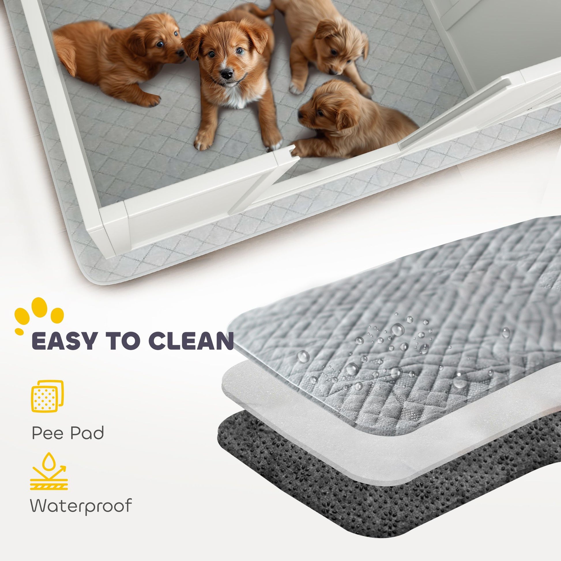 Whelping box for puppies with waterproof easy to clean pee pad from PawCounter.com featuring four brown puppies inside