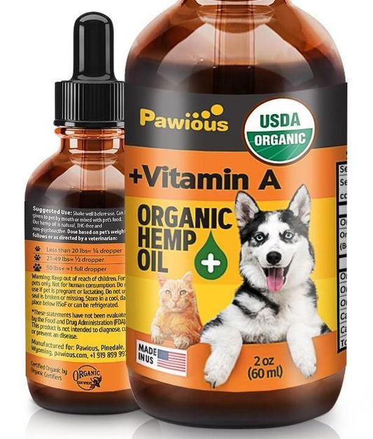 Pawious organic hemp oil with vitamin A for dogs and cats USDA organic 2 oz bottle hemp oil for dogs joint pain
