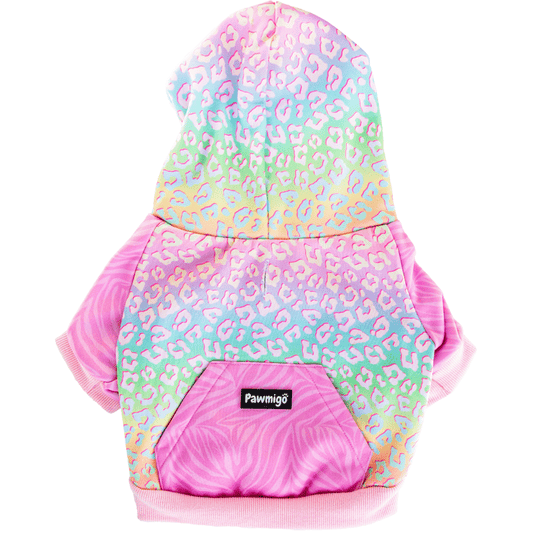 Colorful dog hoodie by Pawmigo with a vibrant leopard print design and soft fabric