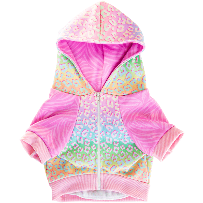 Colorful dog hoodie by Pawmigo featuring a vibrant leopard print design and zip closure