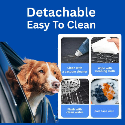 Detachable easy to clean heavy duty dog car seat cover shown with dog leaning from car and cleaning method icons