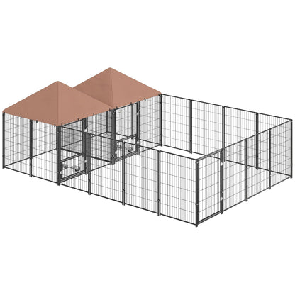 Large outdoor dog kennel with metal wire panels and brown canopy covers for shelter