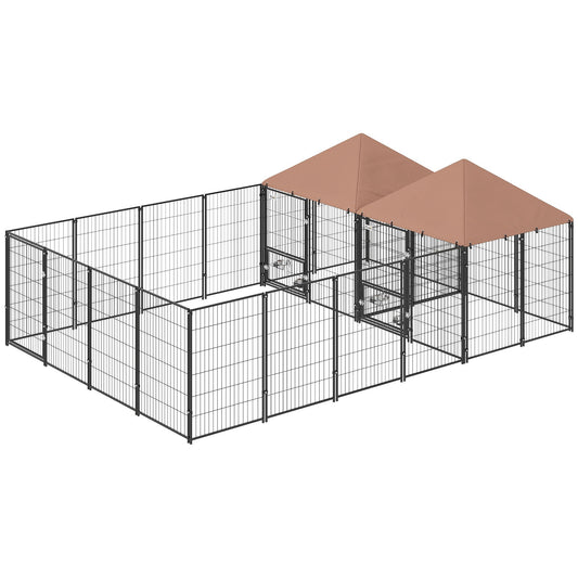 Large outdoor dog kennel with metal frame and brown canopy covers for shade
