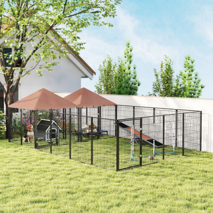 Large outdoor dog kennel with black metal panels and shaded area, perfect for spacious pet enclosure