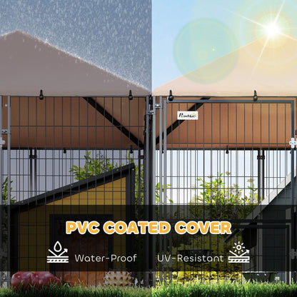 Large outdoor dog kennel with PVC coated cover showing waterproof and UV-resistant features