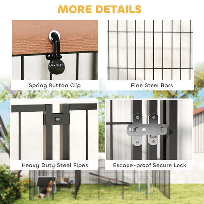 Close-up details of large outdoor dog kennel with spring button clip fine steel bars heavy duty steel pipes and escape-proof secure lock