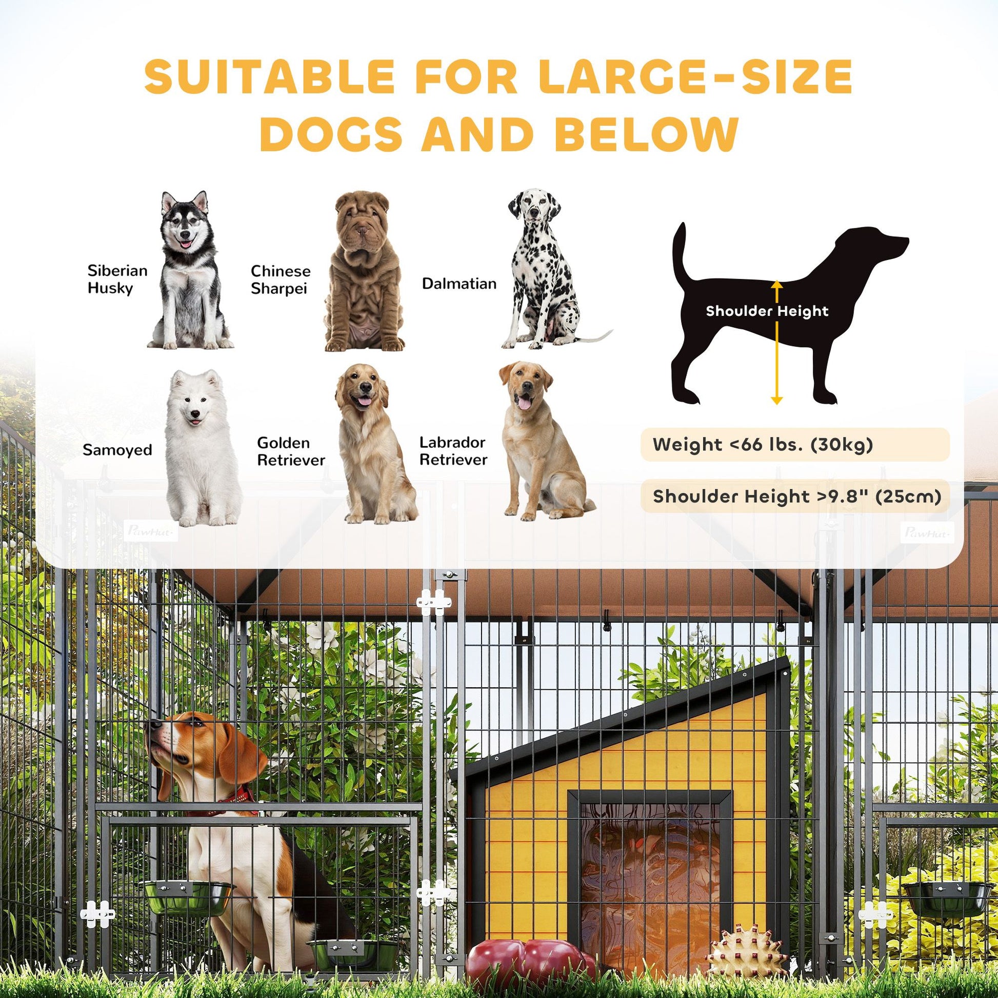 Large outdoor dog kennel with a dog inside and detailed size guide for large dog breeds