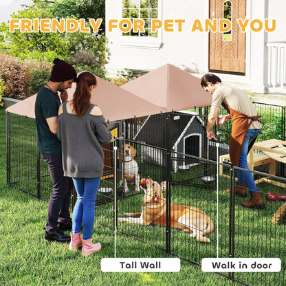 Large outdoor dog kennel with tall walls and walk in door housing two dogs with people nearby