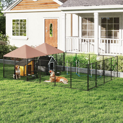 Large outdoor dog kennel with shaded cover and spacious pen housing two dogs on green lawn