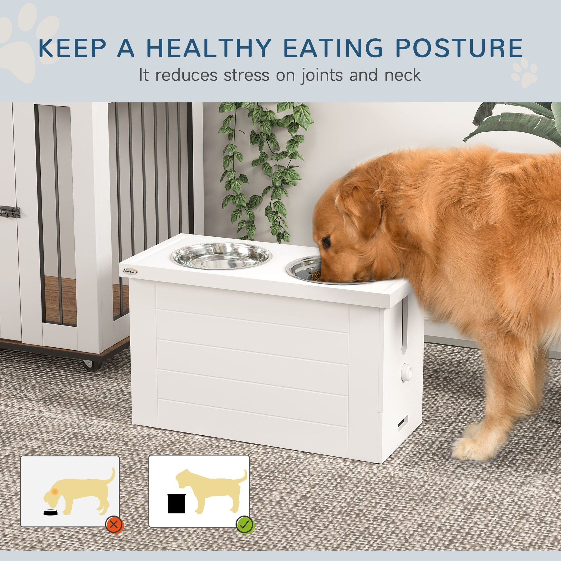 Elevated dog bowls for large dogs by PawCounter.com with white stand and stainless steel bowls for healthy eating posture