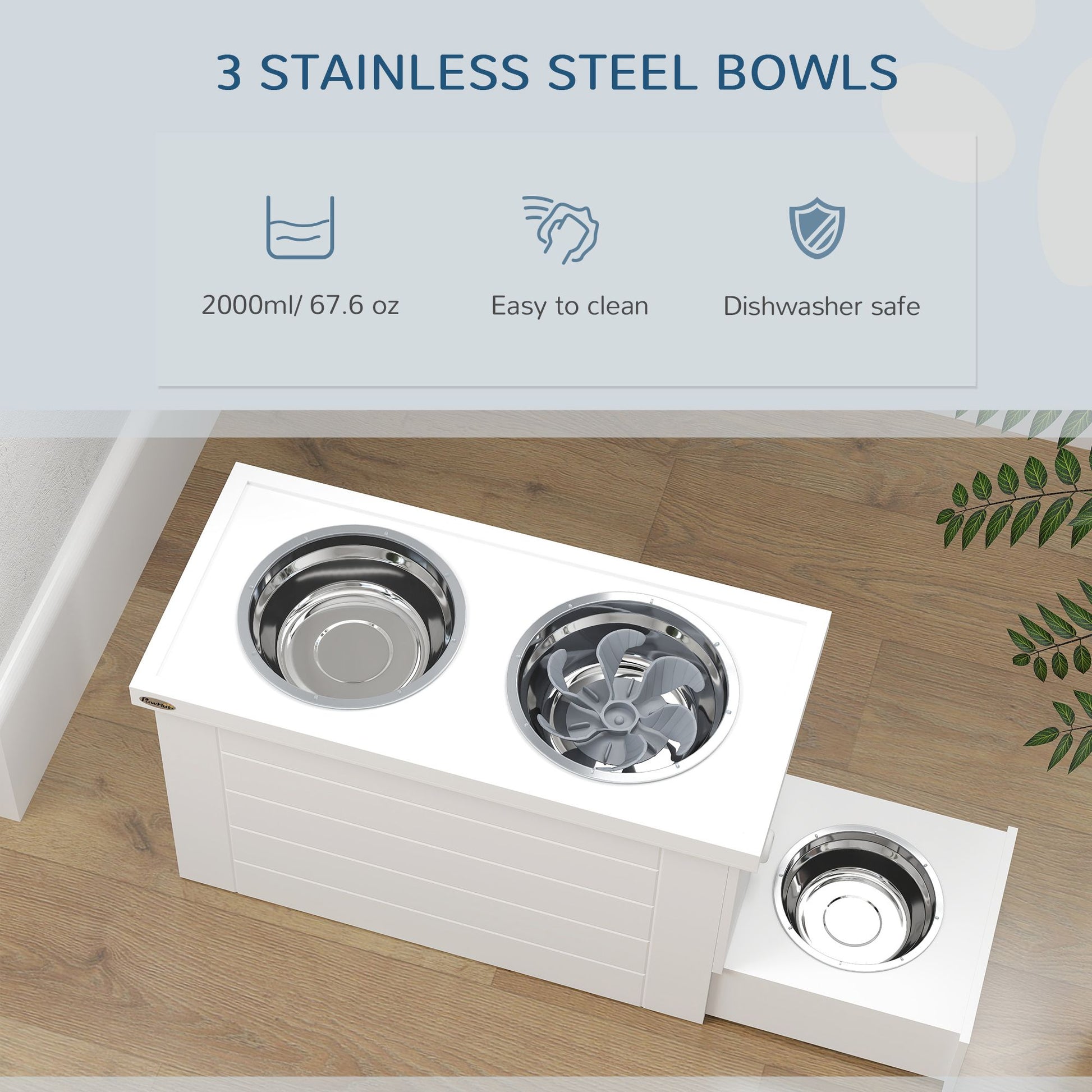 Elevated dog bowls for large dogs with three stainless steel bowls easy to clean and dishwasher safe