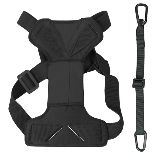 Black pet car harness with swivel hook and adjustable straps for safe vehicle travel