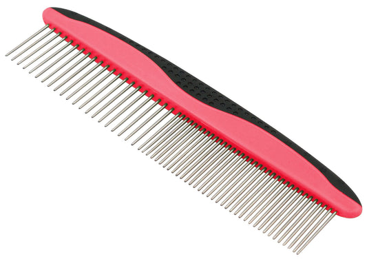 Pet grooming comb for dogs and cats with dual-sided stainless steel teeth and ergonomic red and black handle